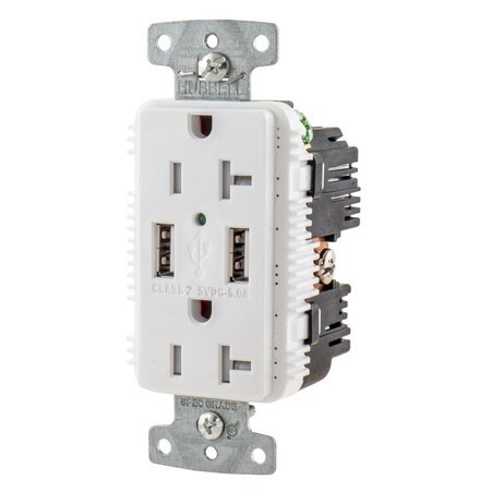 Bryant USB Charger Duplex Receptacle, 20A 125V, 2-Pole 3-Wire Grounding, 5-20R, 2) 5A USB Ports, White USBB20A5W